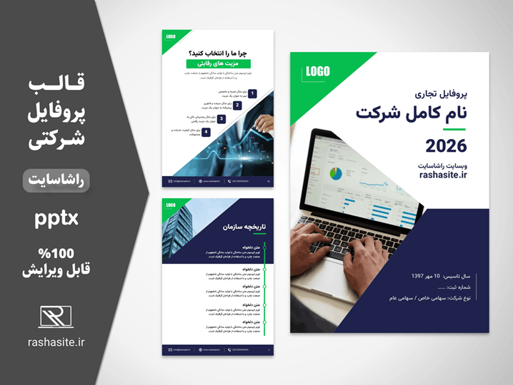 قالب پروفایل شرکت سبز و سرمه ای سایز a4 و pdf
